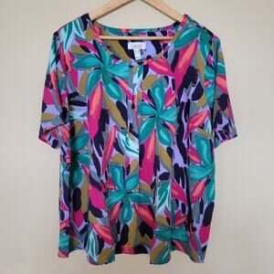 EUC D&Co Size 1X Short Sleeve Popover Pleated Scoop Neck Top Blouse